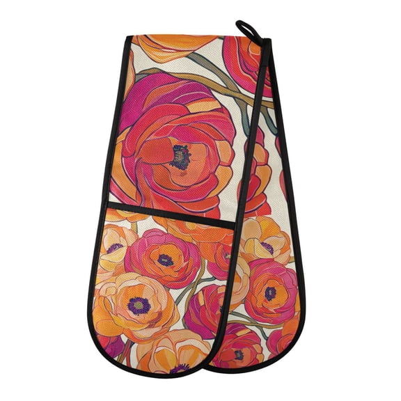 Yayeee Double Oven Mitt Kitchen Heat Resistant Baking 35" x7" Quilted Glove, Orange Hand Drawn Floral