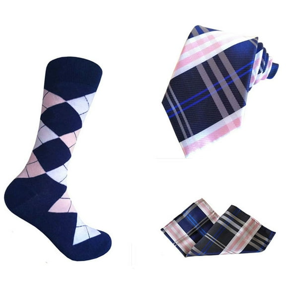 Novelty Men's Argyle Socks with Necktie and Pocket Square in Navy with Pink and White Color