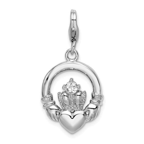 Sterling Silver Cubic Zirconia Claddagh With Lobster Clasp Charm - Measures 29x15mm