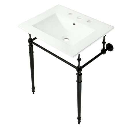 Kingston Brass KVPB24187W8MB Edwardian 24" Ceramic Console Sink with Brass Legs (8-Inch, 3-Hole), White/Matte Black