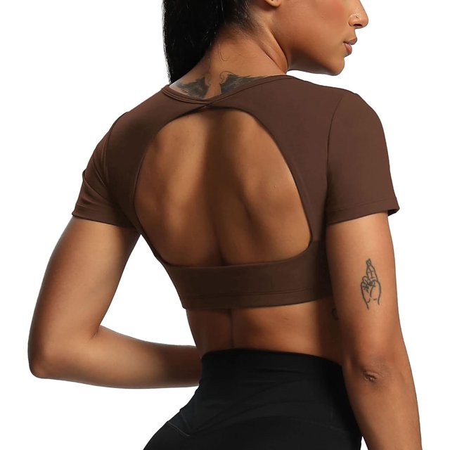 Aoxjox Tops cortos de manga corta para mujer Clarissa Hollow Back entrenamiento Crop camiseta Top