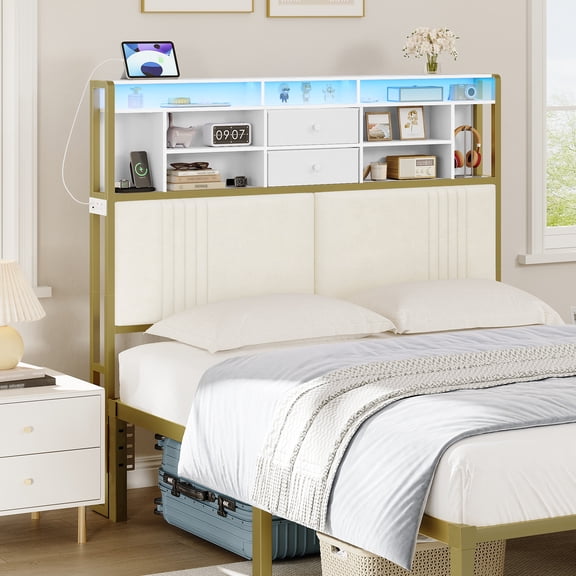 Headboard with 3-Tier Storage Shelves, Queen Size Headboard with Outlet, 2 USB Ports & LED Light, Velvet Upholstered Headboards with Two Fabric Drawers, White and Gold