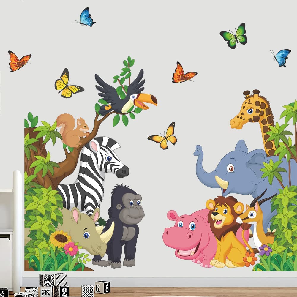HZKAICUN Cartoon Animal Wall Decal Jungle Animals Wall Stickers Elephant Lion Zebra Butterfly