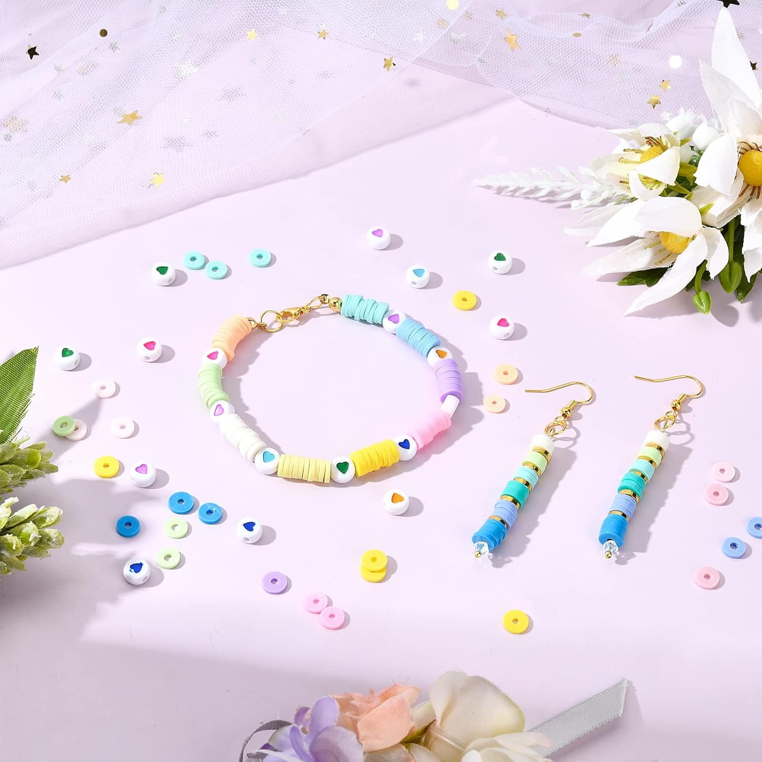 4350 Pcs Polymer Clay Bracelets Kit 15 Colors 6mm Clay Beads 30 Pcs Metal Spacer 50 Pcs Heart Beads 2 Rolls Elastic Thread 20 Pcs Clasps 50 Pcs Jump Rings 2 Pcs Tools for Jewelry Making Multi-color