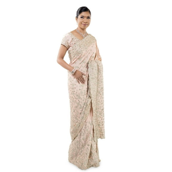 Satin Silk saree with bead work embroidery - Biege Size: XXS, Color: Biege