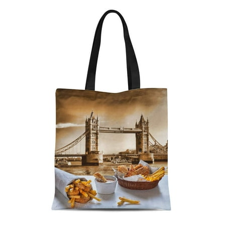 KDAGR Canvas Bag Resuable Tote Grocery Shopping Bags British Fish and Chips Against Tower Bridge in London England Cuisine Tote