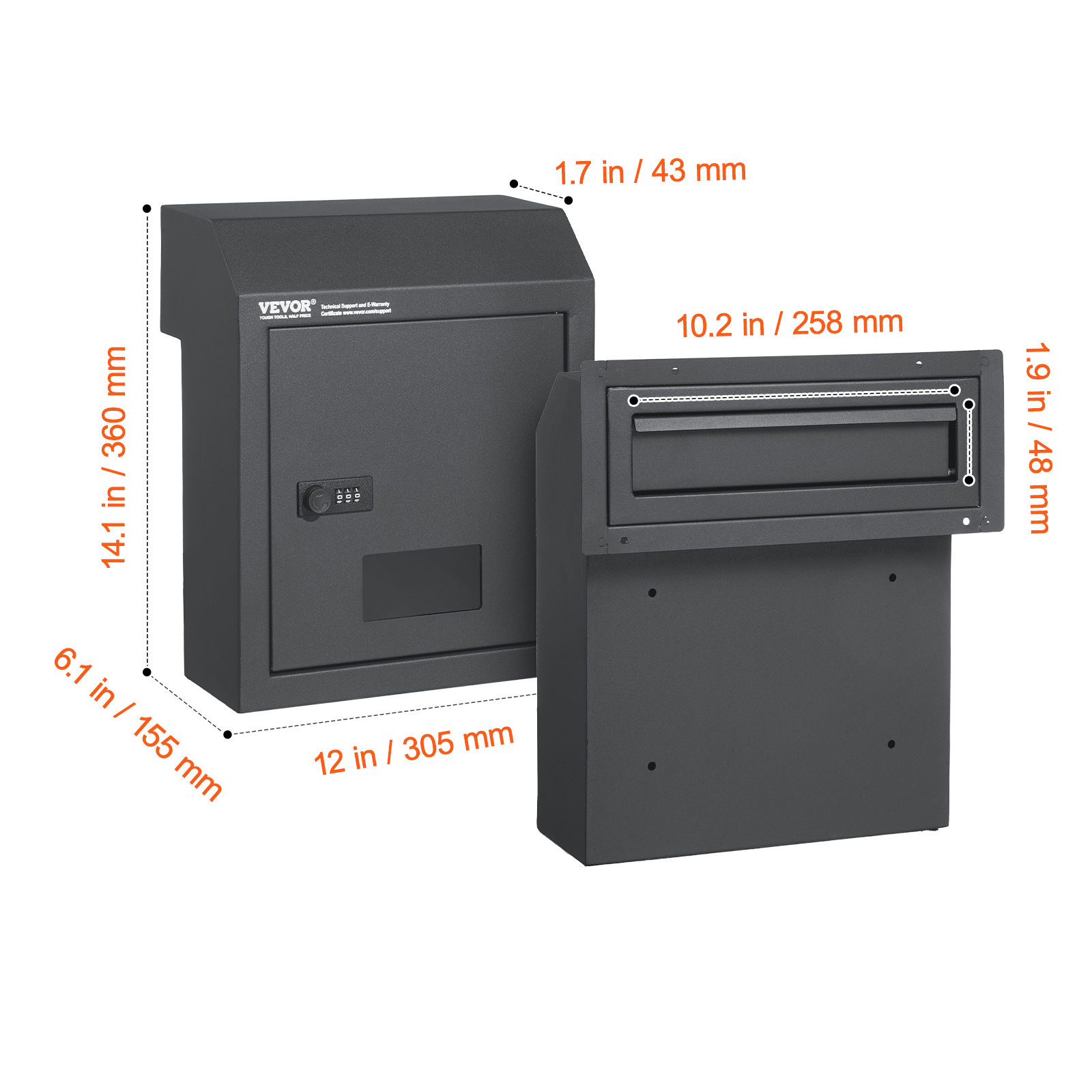 VEVOR Sturdy Metal Key Safe, Combo Lock, 12'' Size, Wall-Mounted, Secure Letter Keeper, Dark Gray