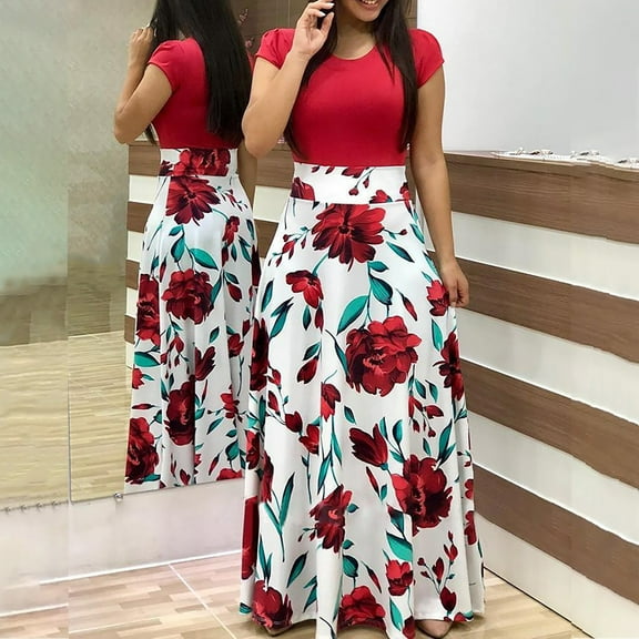 Kayannuo Dresses For Women 2023 Christmas Sun Dresses Women Summer Casual Fashion Women Short Sleeve Floral Boho Printing Long Dress Ladies Casual Dress Red