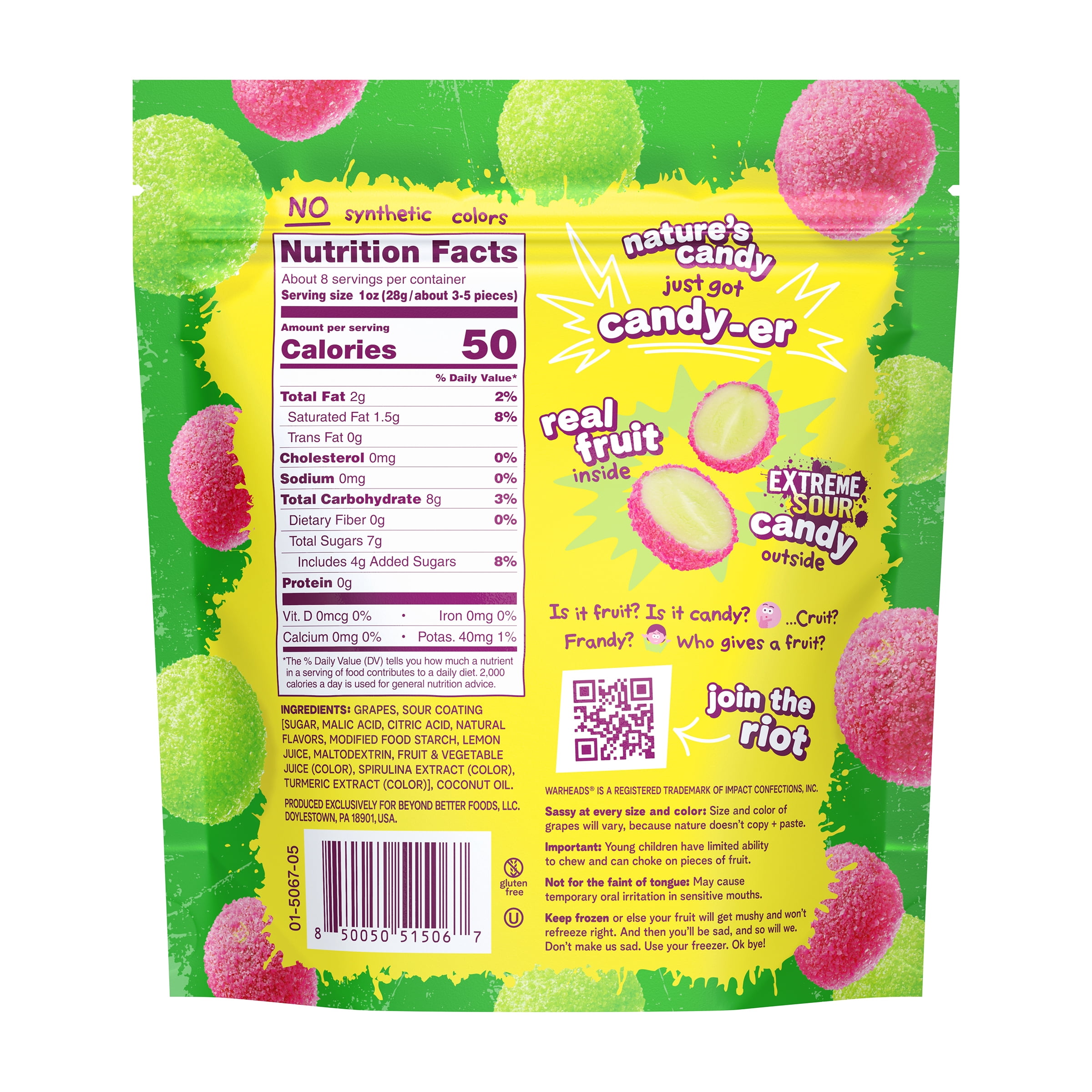 Fruit Riot X Warheads Extreme Sour Candy Grapes, Real Frozen Fruit, 8 oz