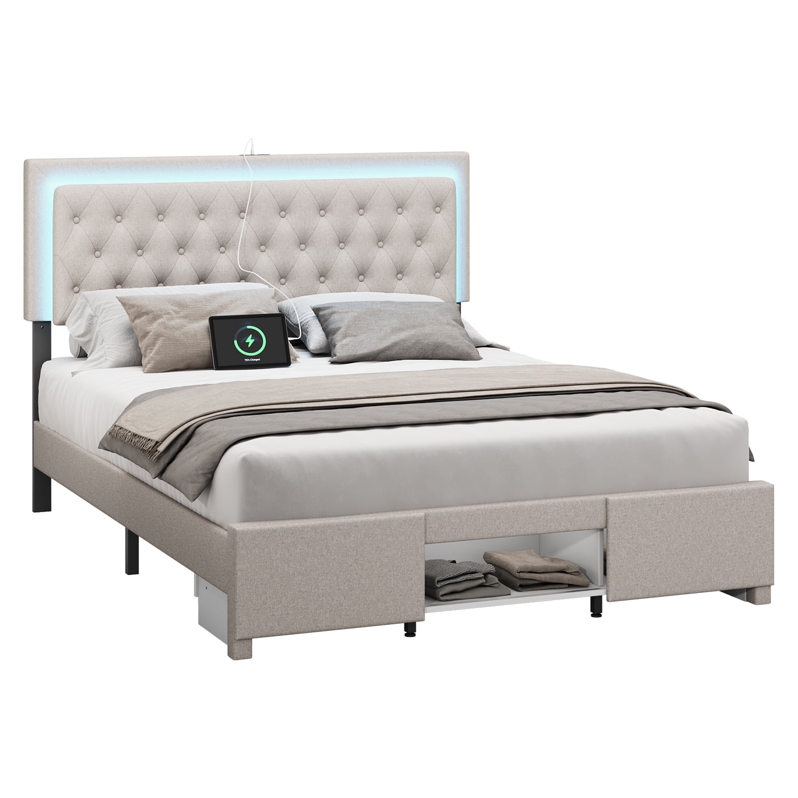 Bed Frame Queen Size with Sliding Barn Door Storage Cabinets,Headboard and LED Light,Solid Wood Slats Support,Noiseless,(Off-white)