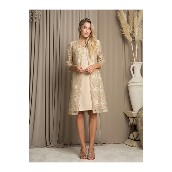 Women's Eva USA 3479 Knee-Length Mother Of Groom Cocktail Jacket Dress Champagne Goldish Beige 2XL