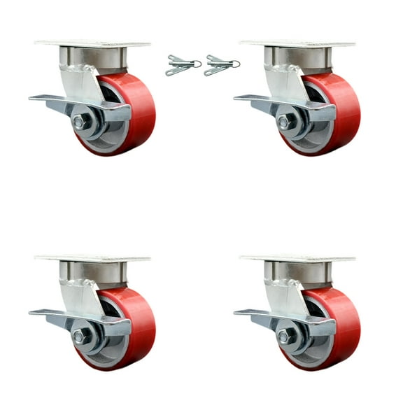 4 Inch Kingpinless Red Poly on Steel Wheel Caster Set 4 Brakes 2 Swivel Locks