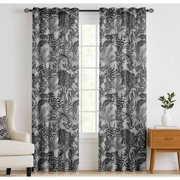Vargottam Cotton Curtains for Windows - 3-in-1 Rod Pocket/Back Tab Short Window Drapes - Light Filtering Cotton Canvas Panels - Set of 2, 52"x63" - Leaves Print (Gray)