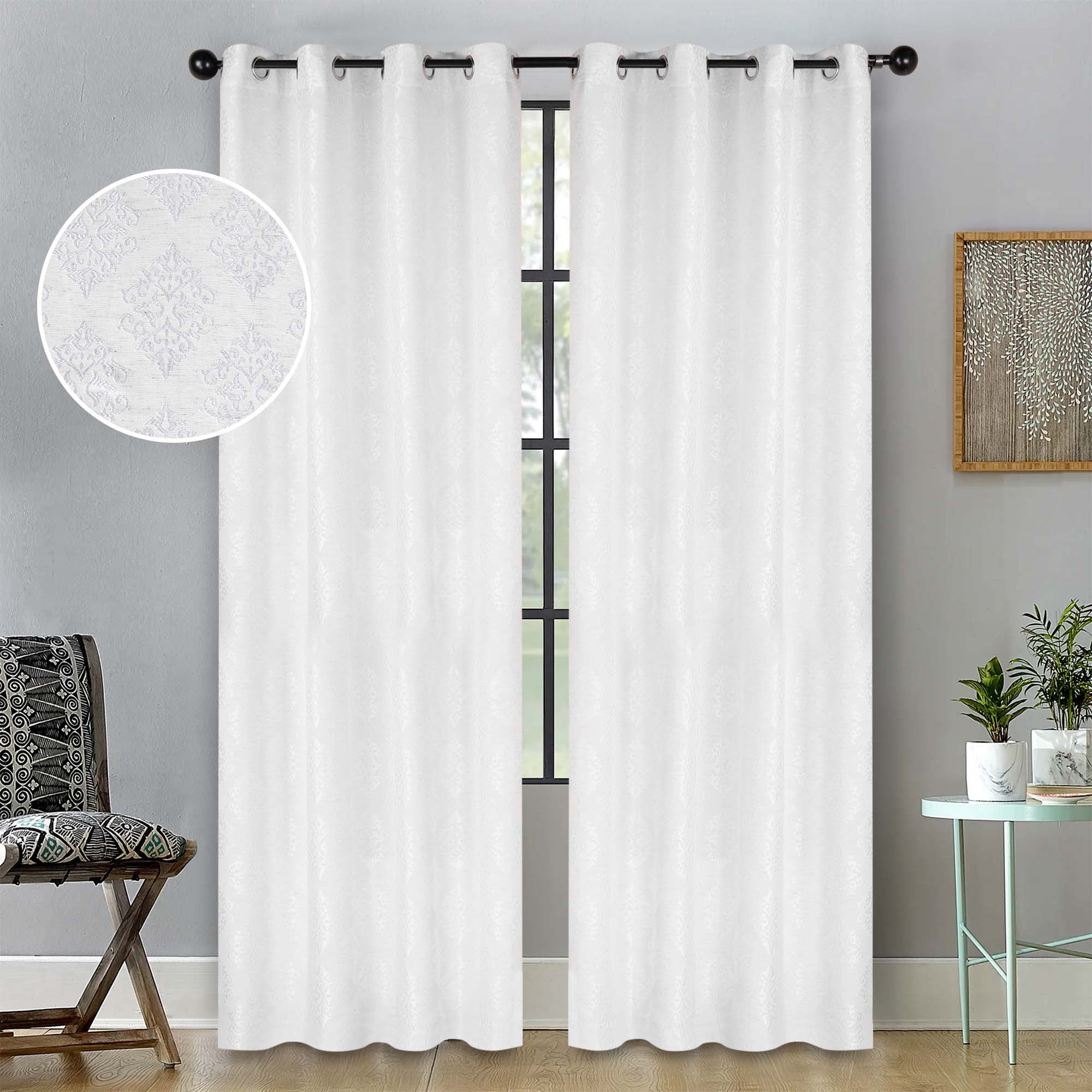Superior Venetian Damask Jacquard Grommet Curtain Panel, Set of 2, 52" x 84", White