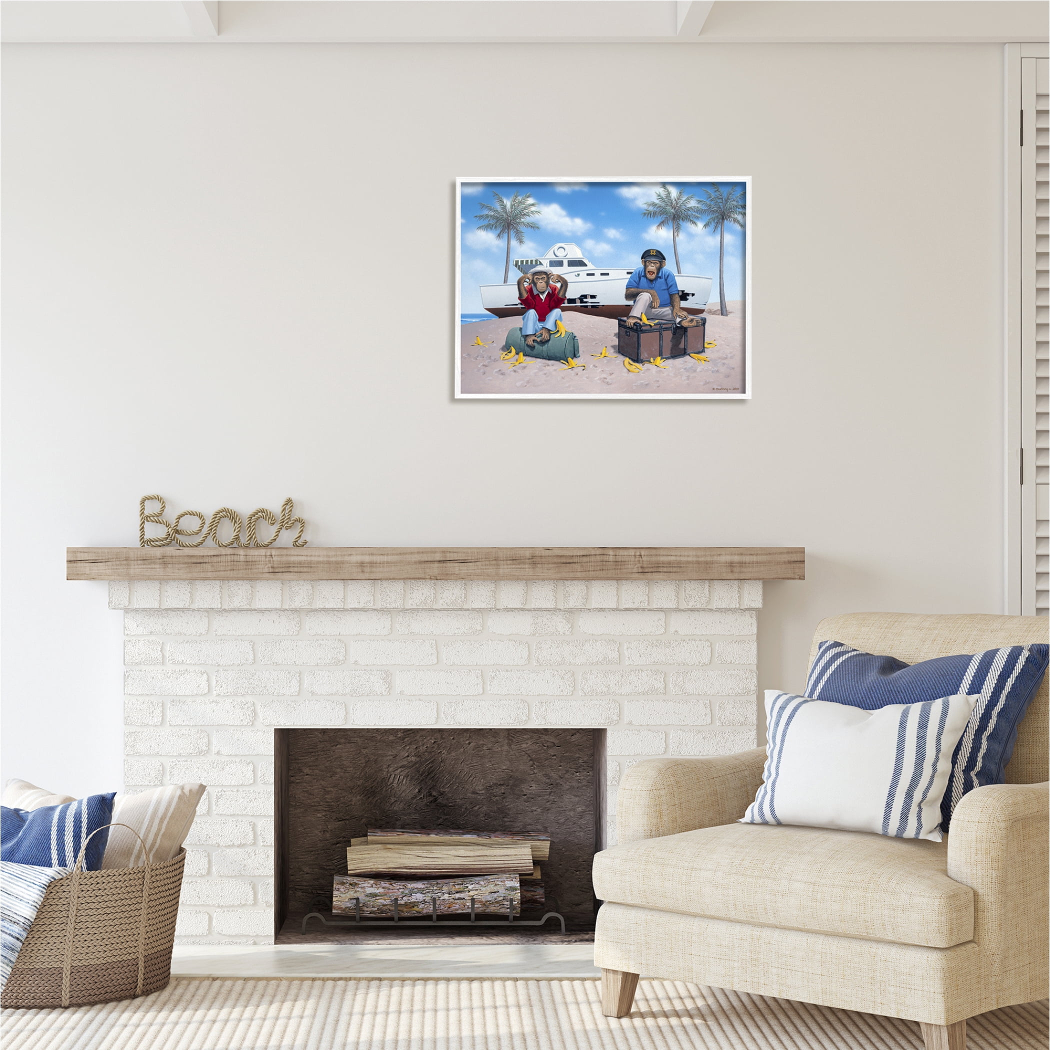 Stupell Industries Chimps & Yacht on Beach Animals & Insects Painting White Framed Art Print Wall Art, 30 x 24