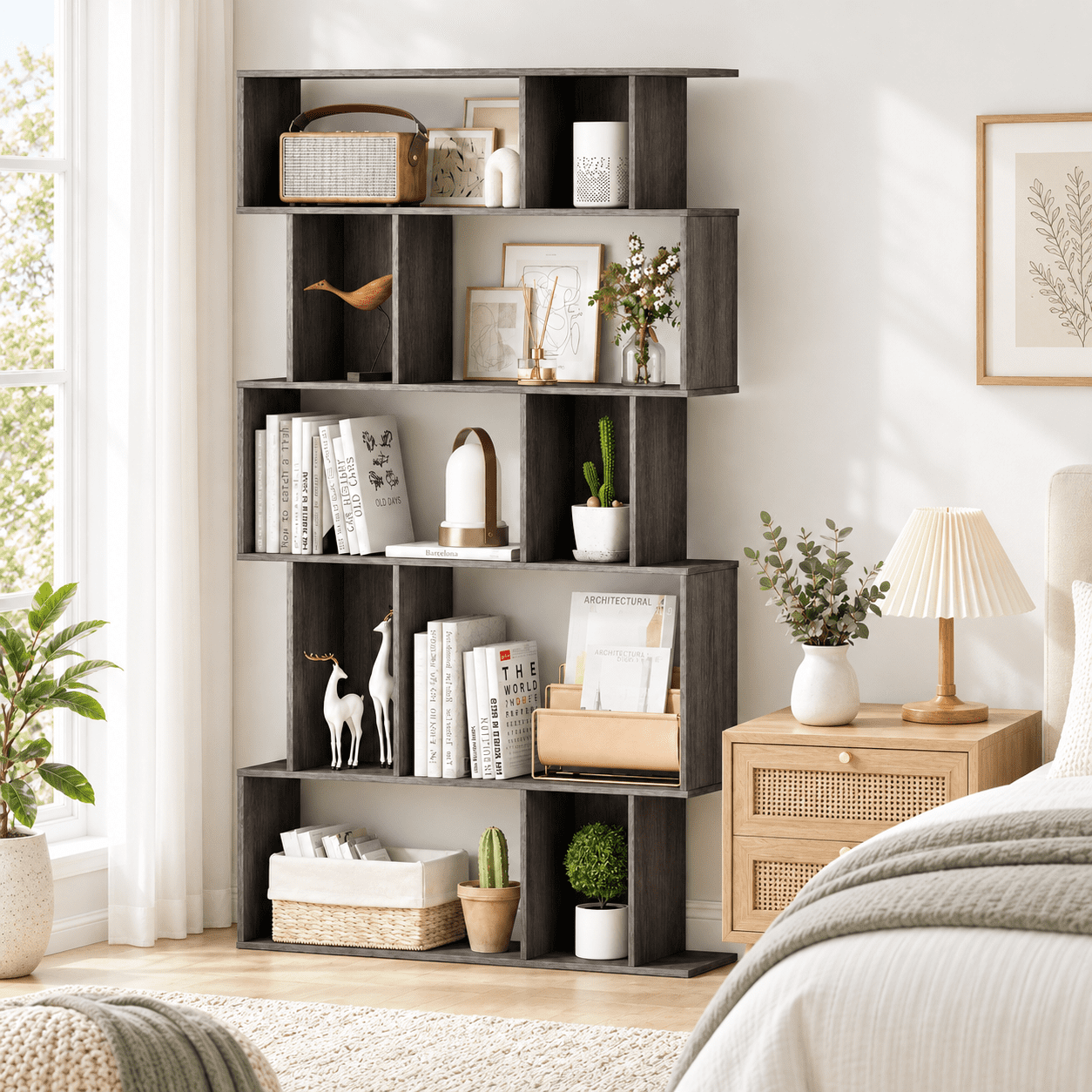 Furnibear 5 Tier Tall Bookshelf Bookcase with Open Shelves and Closed-Back Cube Storage for Living Room Home Office and Bedroom, Oak