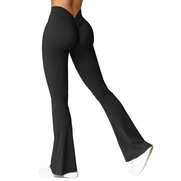 YDKZYMD Womens Capri Flare Leggings V Back Scrunch Butt Lift Gym Pants Workout Workout Legging Bootcut High Waisted Wide Leg Yoga Pants Black L