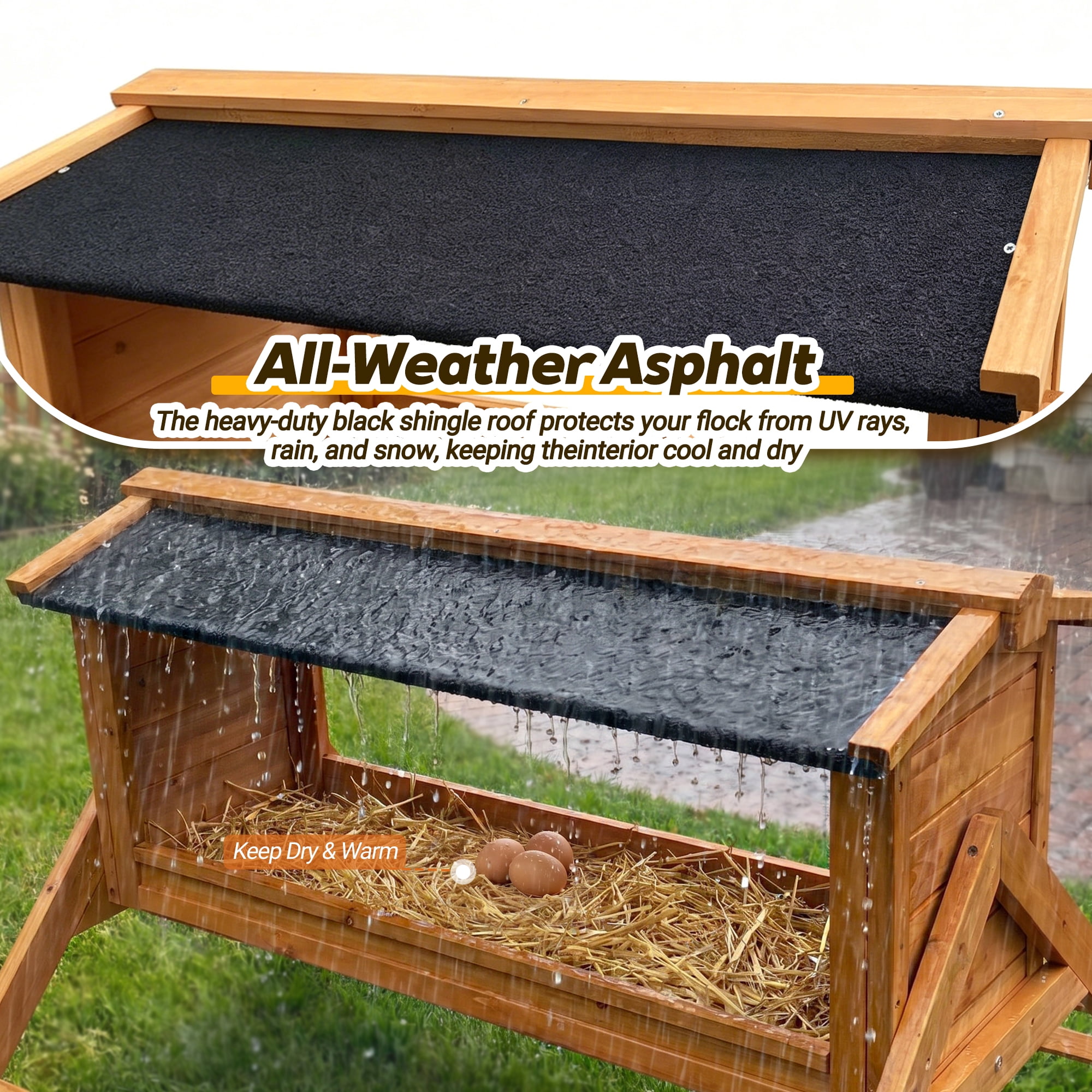 Wooden Chicken Nesting Box with Asphalt Roof, Perch and Swing, Waterproof Poultry Nesting House for Chicken Coop