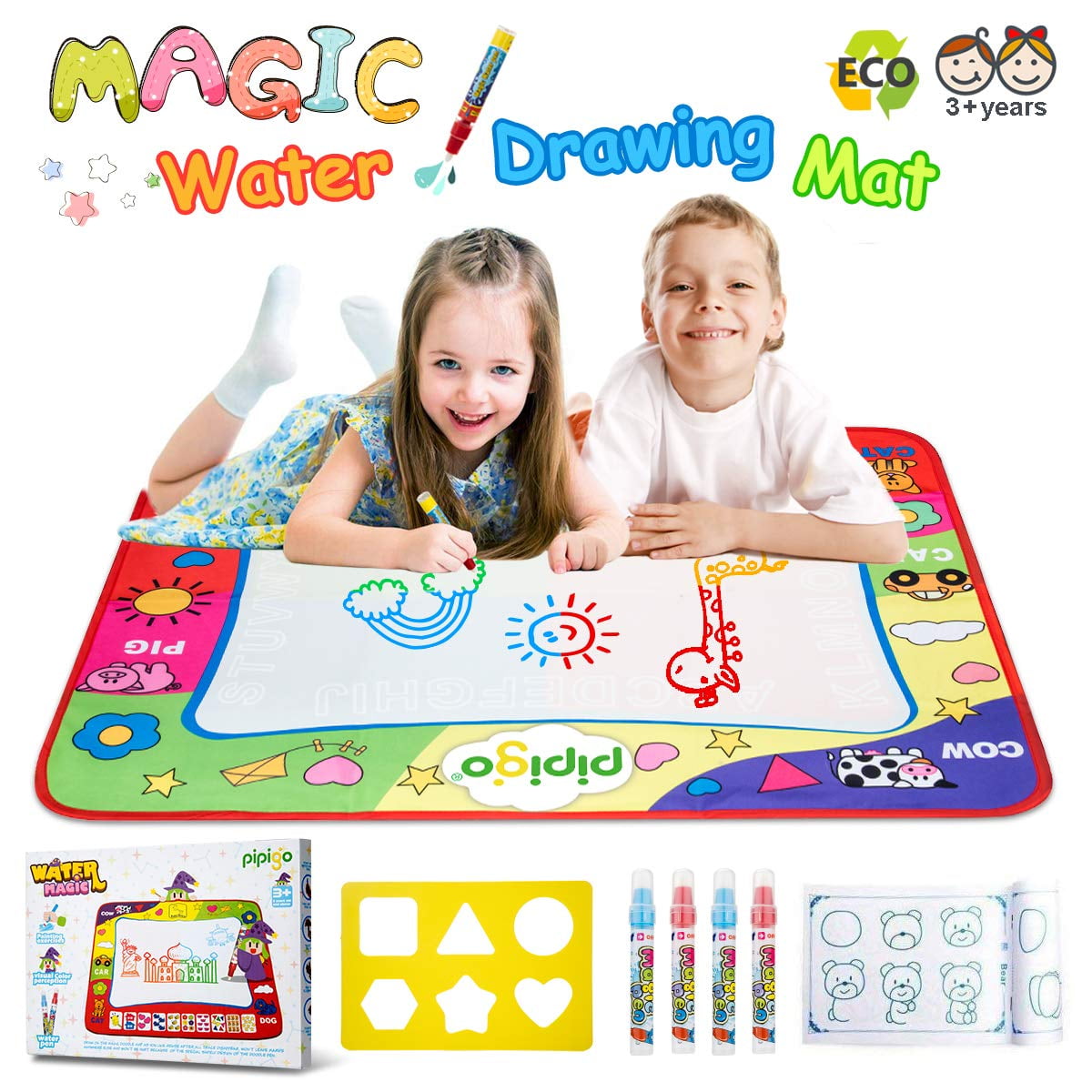 AR Products Magic Water Painting Doodle Large Mat for Kids Toddler Boys Girls Educational Learning Pad with Pens Molds Drawing Booklet Gift for Ages 2,3,4,5,6 Year Old