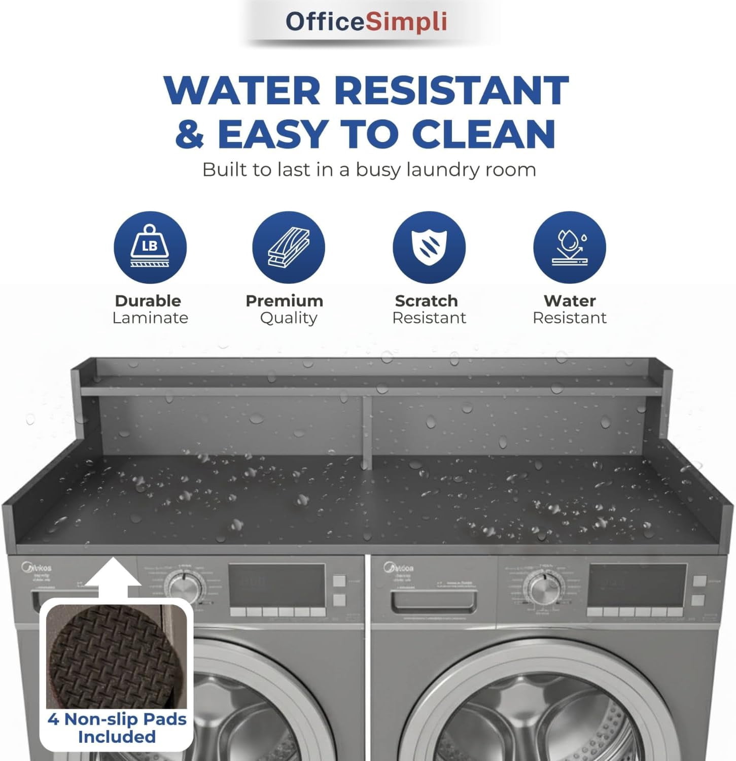 OfficeSimpli Washer Dryer Countertop with Shelf - 27.5 x 54 Inch - Made in USA Laundry Countertop Over Washer and Dryer with Non-Slip Pads, Storage Shelf, Laundry Topper Organizer, Grey