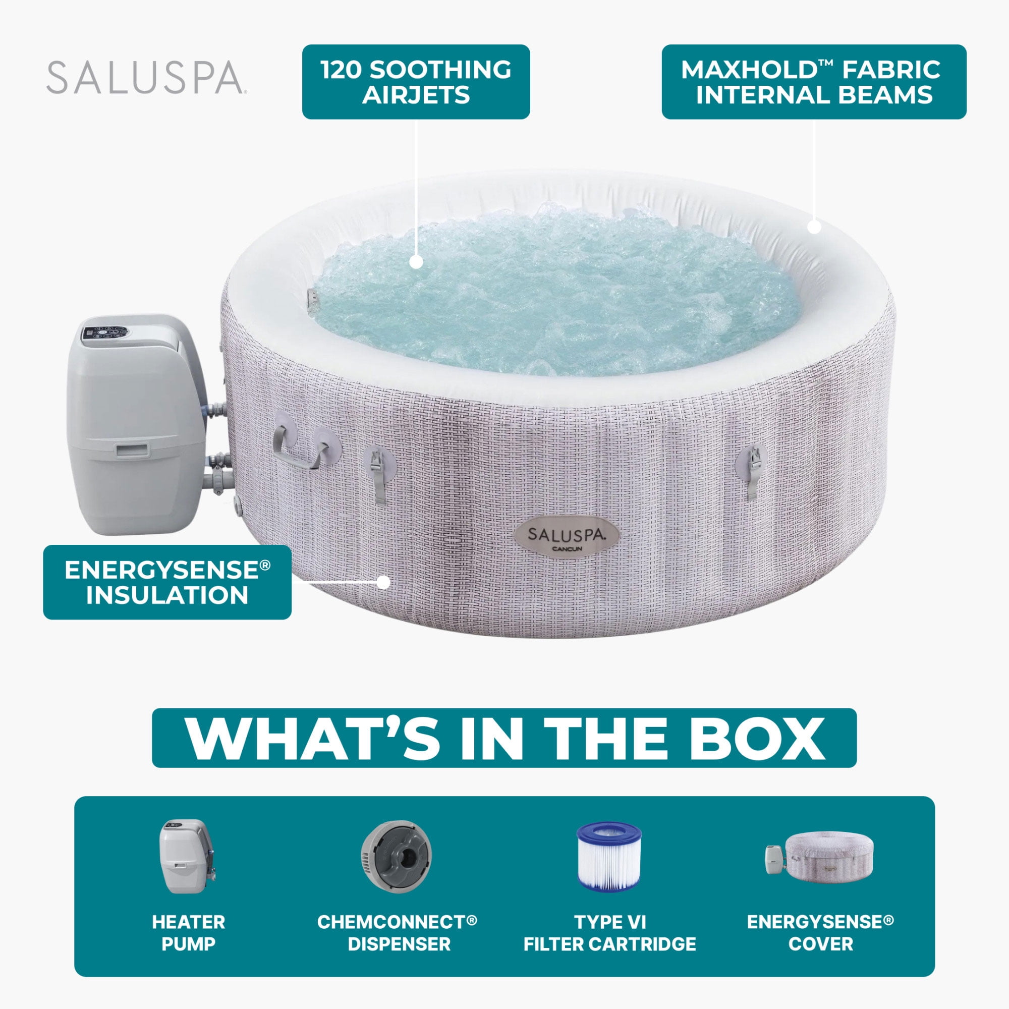 Bestway SaluSpa Cancun 2-4 Person Inflatable Hot Tub, Round Energy-Efficient Spa, 71"x26"