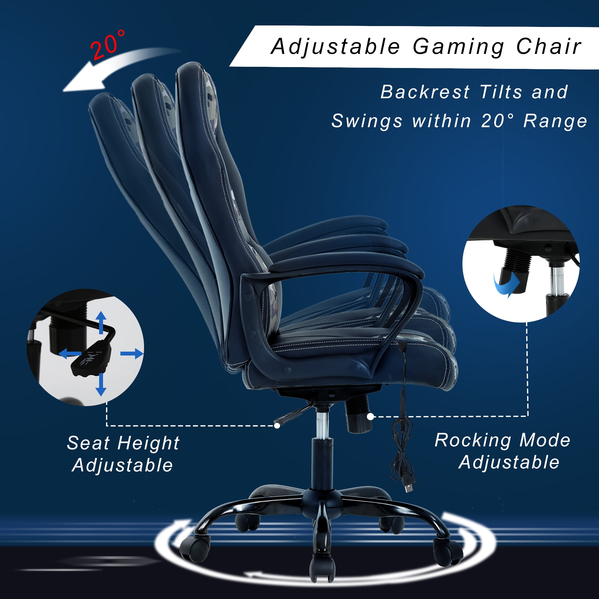 YRLLENSDAN Massage Gaming Chair Video Game for Adults, PU Leather Computer Chair with Arms & Massaging Back Ergonomic High-Back Video Game Chair for Men Women, Camo
