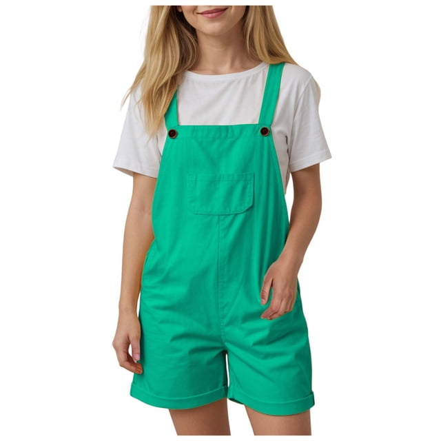 felwors Girls Overall Shorts Summer Casual Strap Rompers with Pockets 1-10T (Green, 4-5 Years)