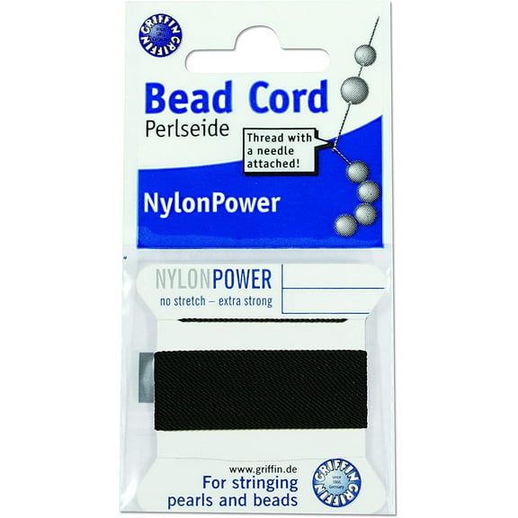 Griffin Nylon Bead Cord Perlseide - Black Color – Size 6 (0.70mm) – 2 Meters per Card – Stainless Steel Needle Attached – for Knotting Pearls, Gemstones, Crystals and Beads