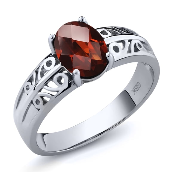 Gem Stone King 1.53 Ct Oval Checkerboard Red Garnet 925 Sterling Silver Ring (Size 5)