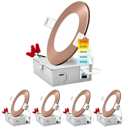 

Luxrite 4 inch Ultra Thin LED Recessed Light with J-Box 10W 5 Color Options Dimmable 750 Lumens Copper Trim 4-Pack