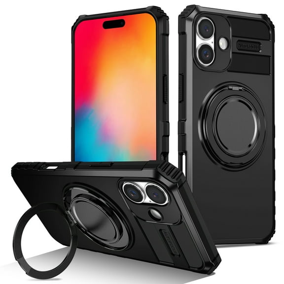 Dteck 360° Rotating Magnetic Stand Protective Case for iPhone 16 Plus,Shockproof TPU PC Case Kickstand Back Cover for iPhone 16 Plus,Black