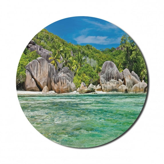 Tropical Mouse Pad for Computers, Landscape of Island with Trees in Seychelles and the Sky Digital Print, Round Non-Slip Thick Rubber Modern Mousepad, 8" Round, Blue and Fern Green, by Ambesonne