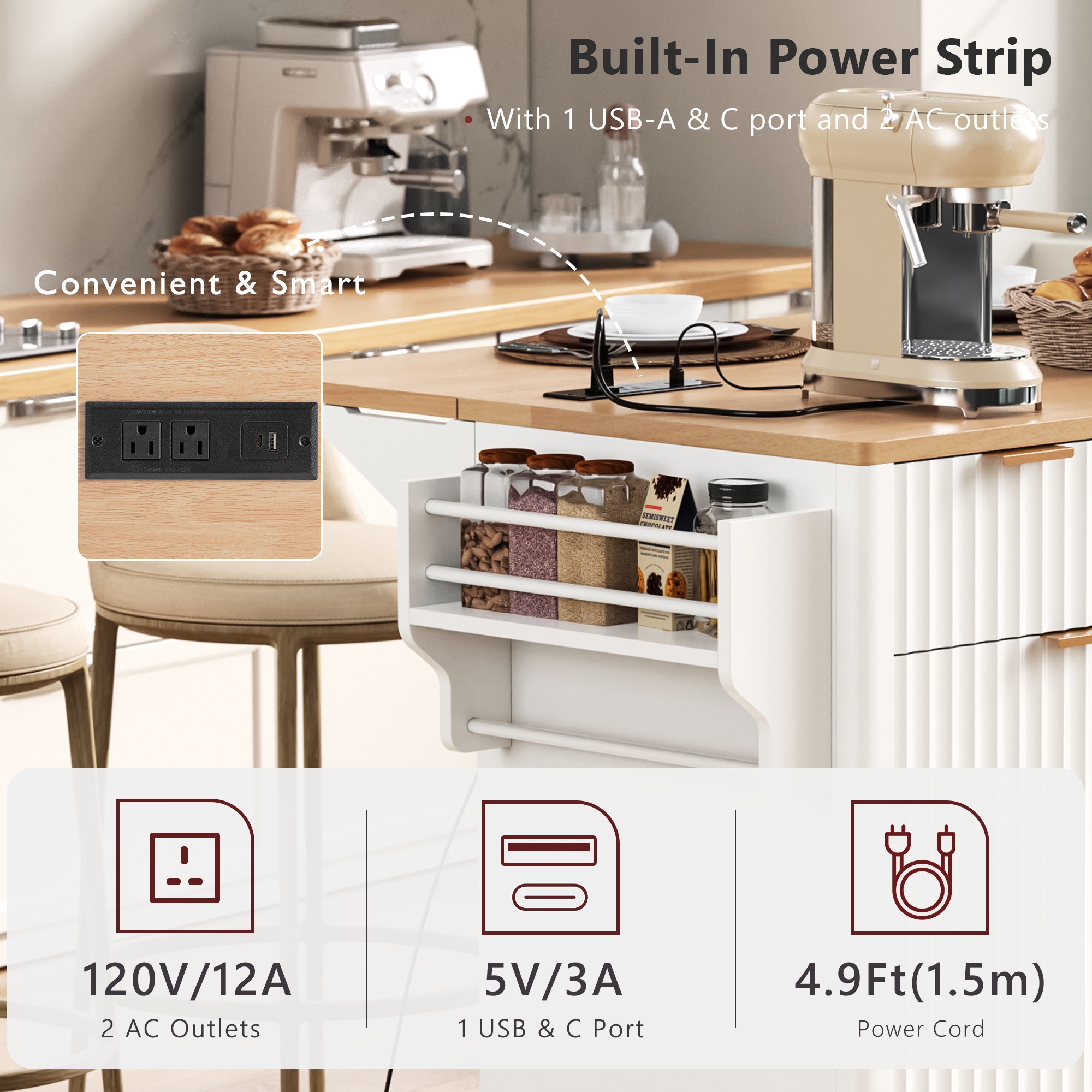 Fluted Kitchen Storage Island with Drop Leaf, Power Outlet, 55.5" Rolling Kitchen Cart with 4 Doors and 3 Drawers