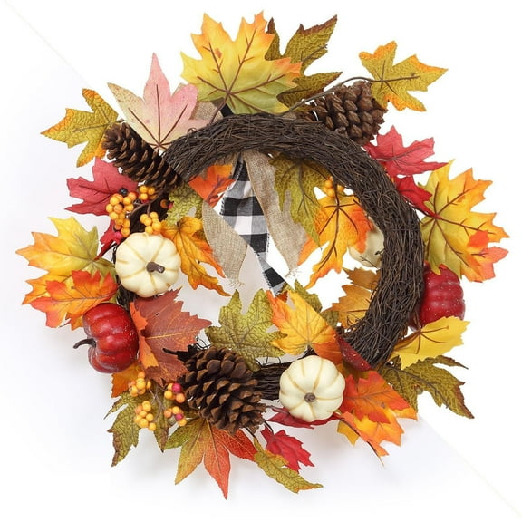 20-Inch Fall Wreath – Artificial Maple Leaves, Pumpkins, Pinecones & Berries with Black & White Plaid Ribbon for Front Door, Fireplace, Window & Indoor/Outdoor Harvest Décor