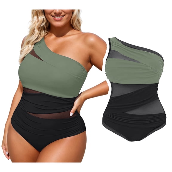 Womens Plus Size One Piece Swimsuit Tummy Control Bathing Suits Mesh Design One Shoulder Swimwear Full Coverage