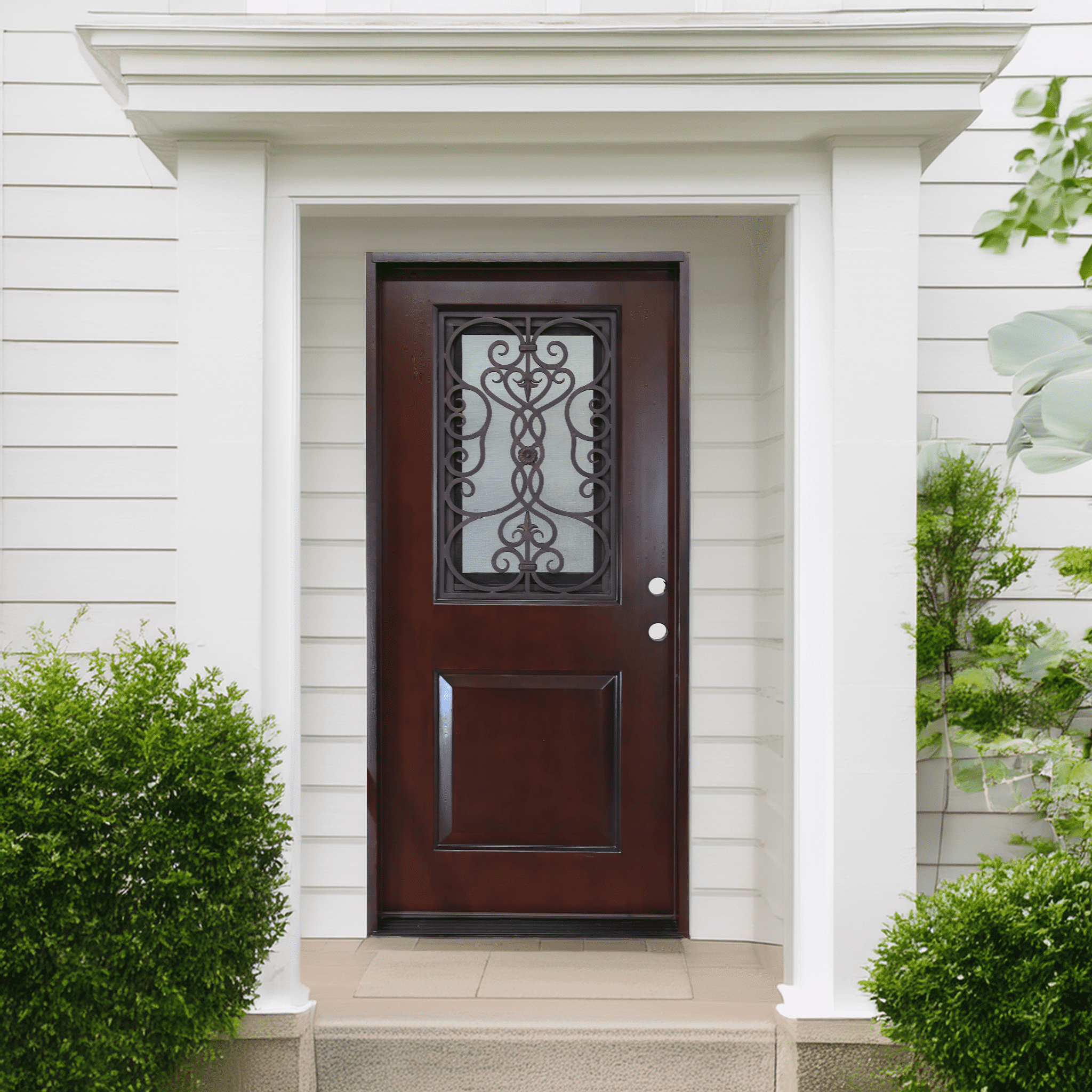 36" x 80" Environment Damage Resistant Polyurethane Composite Exterior Entry House Front Door, Openable Tempered Rain Glass Window, Left-Hand Single Door Inward Swing Dark Walnut PCD11