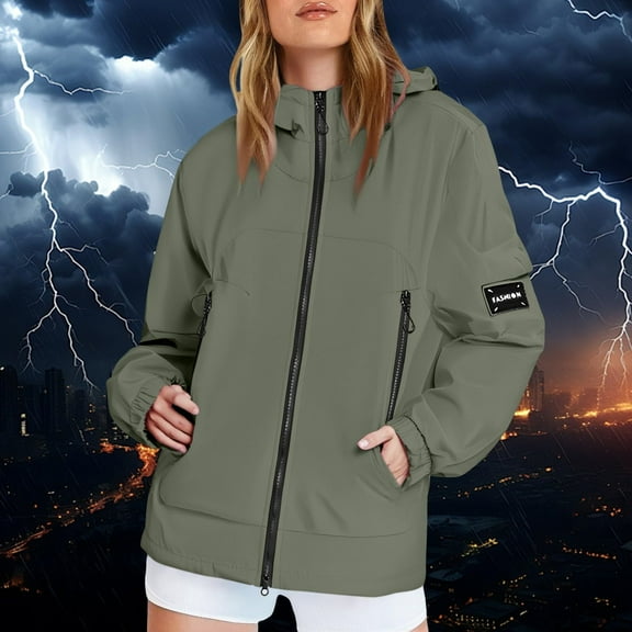 Womens Waterproof Rain Jacket Lightweight Zip Up Hooded Trench Coat Loose Fit Packable Windbreaker Army Green L