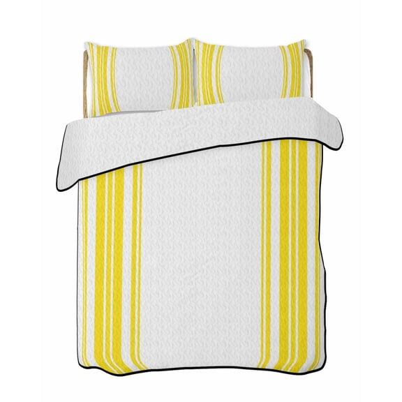 Quilts Twin-XL Size Bedding Set, Yellow Striped Lightweight Quilted Comforter, Farmhouse Simple Line Vertical Stripes Soft Reversible Bedspread Coverlet with Pillow Covers for All Season, 68" x 98"