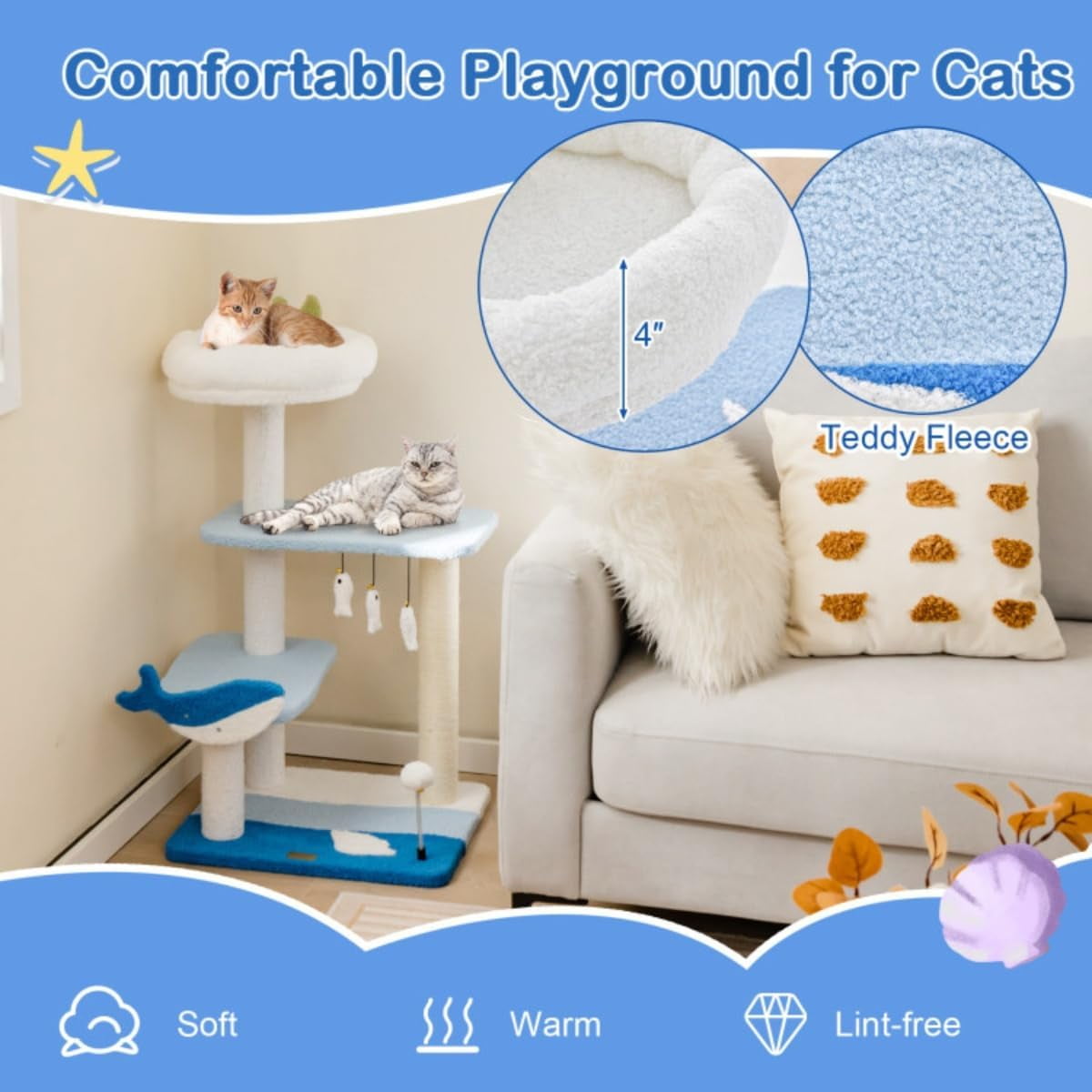 3-Layer cat Tree, cat Climbing Frame, Multi-Functional Activity Center Marine Theme Design