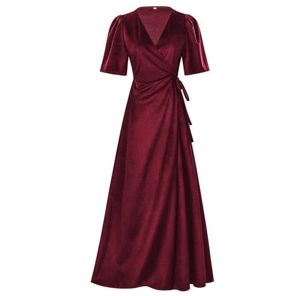 Mifsaly Evening Gowns for Women V-Neck Puff Sleeves Summer Wedding Guest Dress Maxi Elegant Wrap Dresses XL