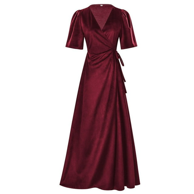 Oksale Robes d'Invitée de Mariage pour Femmes Élégantes Formelles à Col en V Croisé Robe Maxi avec Ceinture à Manches Courtes Robes de Soirée Couleur Unie Tenues Longueur au Sol 2026 Bordeaux m