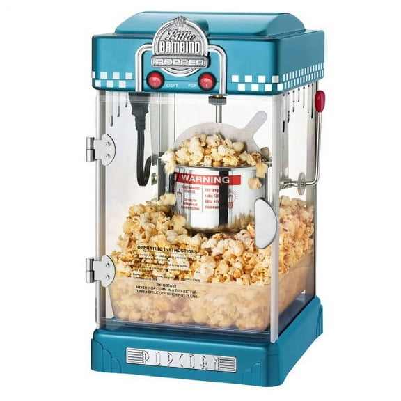 Little Bambino Countertop Popcorn Machine – 2.5oz Kettle with Measuring Spoon, Scoop, and 25 Serving Bags by Great Northern Popcorn (Blue)