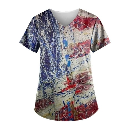 

Summer Savings Clearance 2023! 4th of July Shirts for Women Casual Sunflower American Flag Print V Neck Short Sleeve Nurse Working Uniforms Scrubs Tops with Pockets
