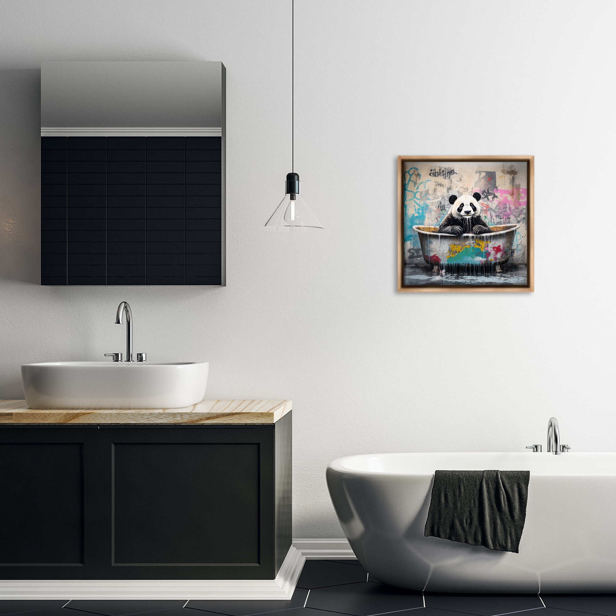 Stupell Industries Graffiti Bathing Panda Typography Painting Brown Floater Framed Canvas Art Print Wall Art, 18 x 18