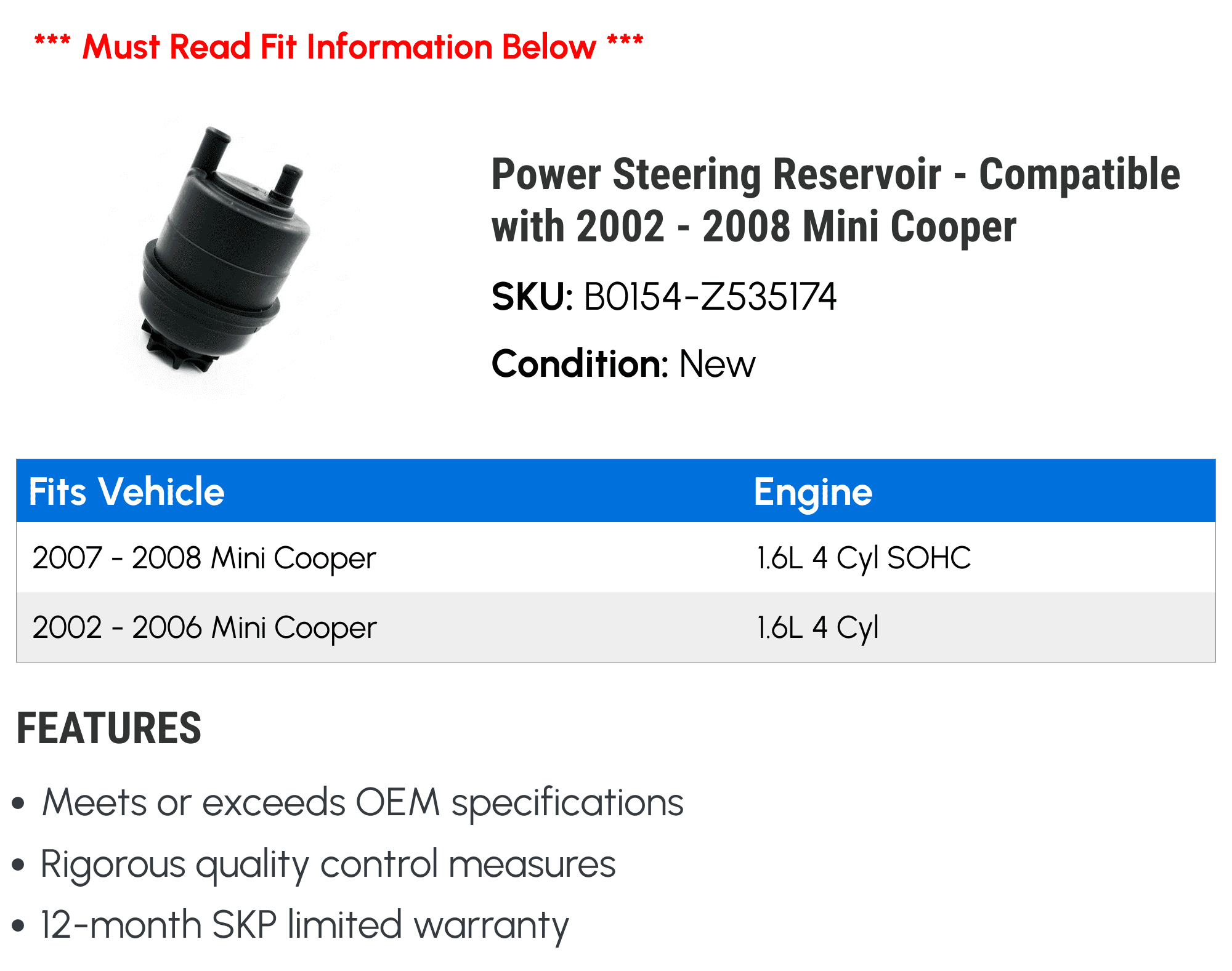 Power Steering Reservoir - Compatible with 2002 - 2008 Mini Cooper 2003 2004 2005 2006 2007