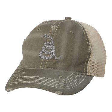 Gadsden Don’t Tread On Me Trucker Hat – Distressed Rattlesnake Embroidered Mesh Cap, Adjustable Patriotic Design (Olive)