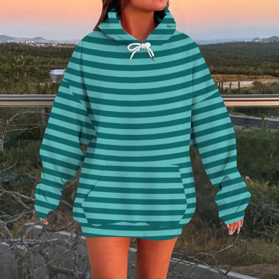 Dasayo Lightweight Women's Sweatshirts and Hoodies Blue Plus Size Long Sleeve Drawstring Striped Hoodies Women Shirts L
