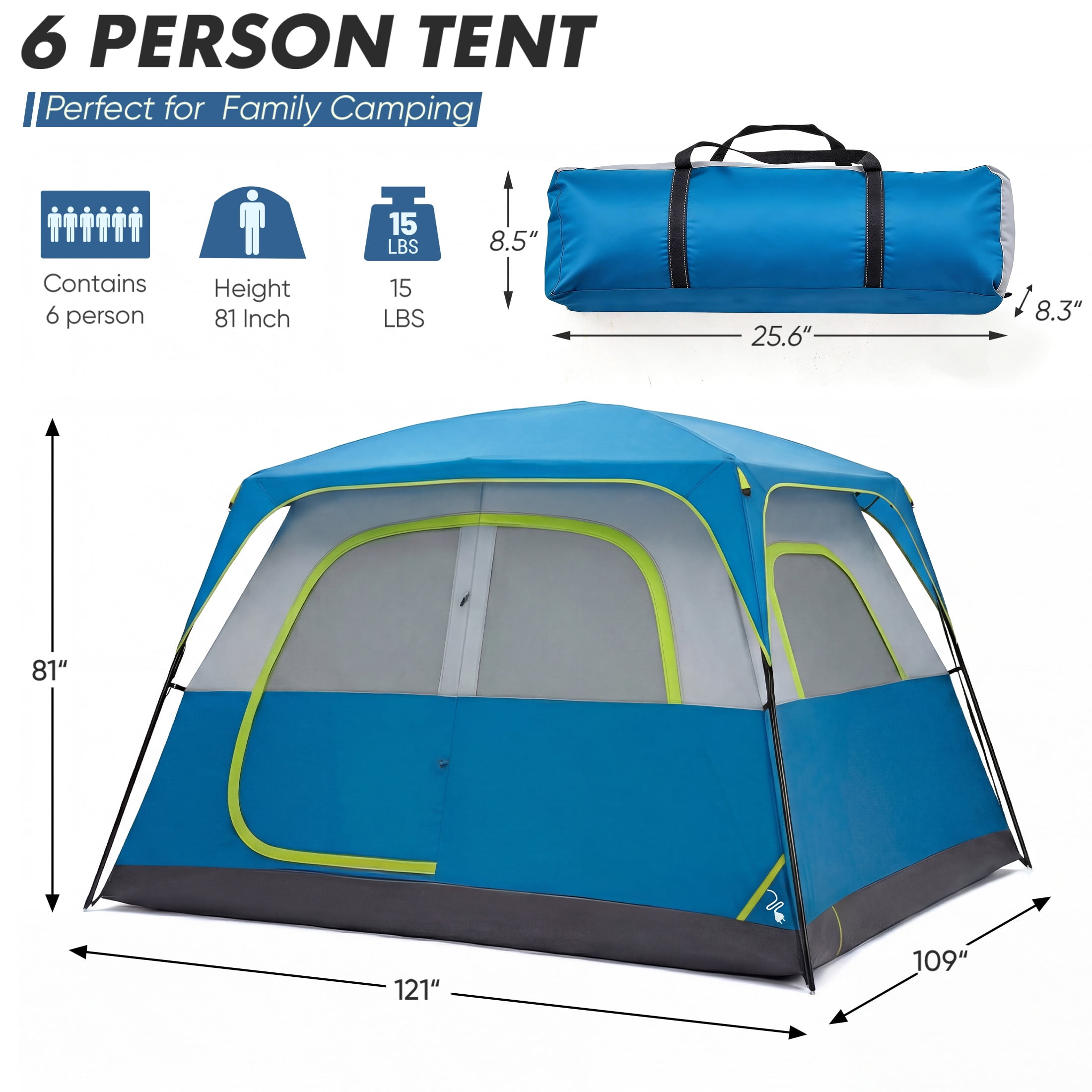 EDX 6 Person Waterproof & Windproof Family Camping Tent with Large Interior, Easy Setup Cabin Tent with Mesh Windows & Skylights, Portable Outdoor Tent for Car Camping, Hiking, Fishing, Blue