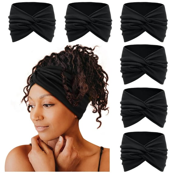 Wide Headbands for Women, 7'' Extra Large Black Turban Headband Twisted Knot Hairband Hair Accessories, 6 Pack