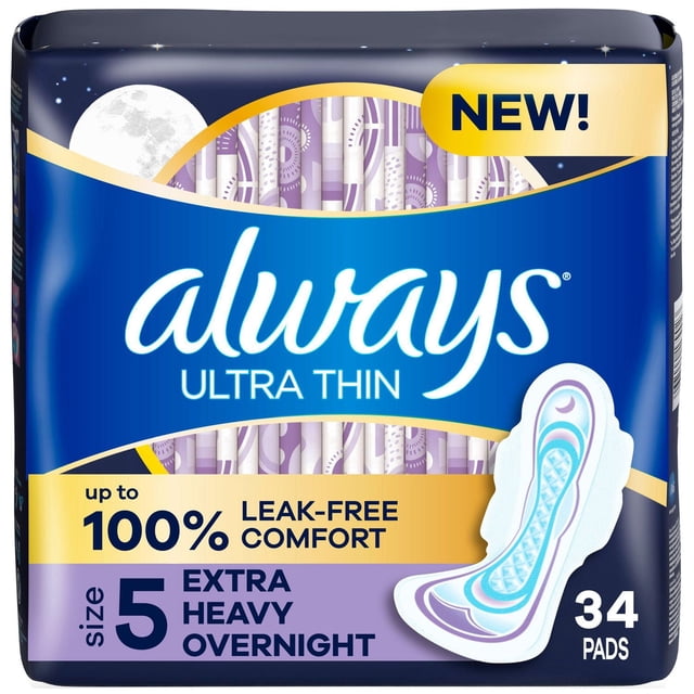 Always Ultra Thin Feminine Pads with Wings for Women, Size 5, Extra Heavy Overnight Absorbency, Unscented
